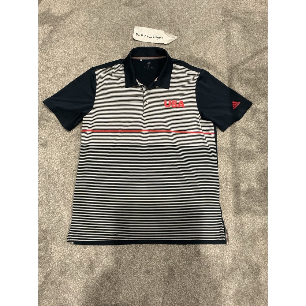 Adidas Golf Polo Shirt Mens LARGE Navy Blue Gray Red USA Logo Striped